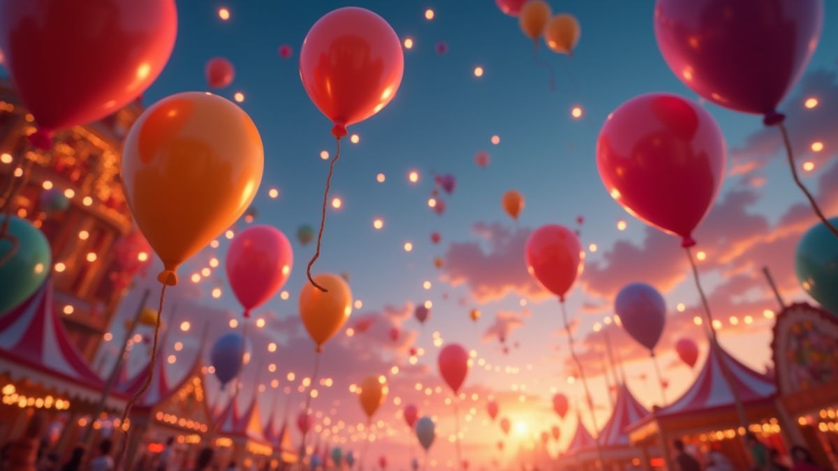 Bunte Ballons, die unter Jahrmarktslichtern schweben.