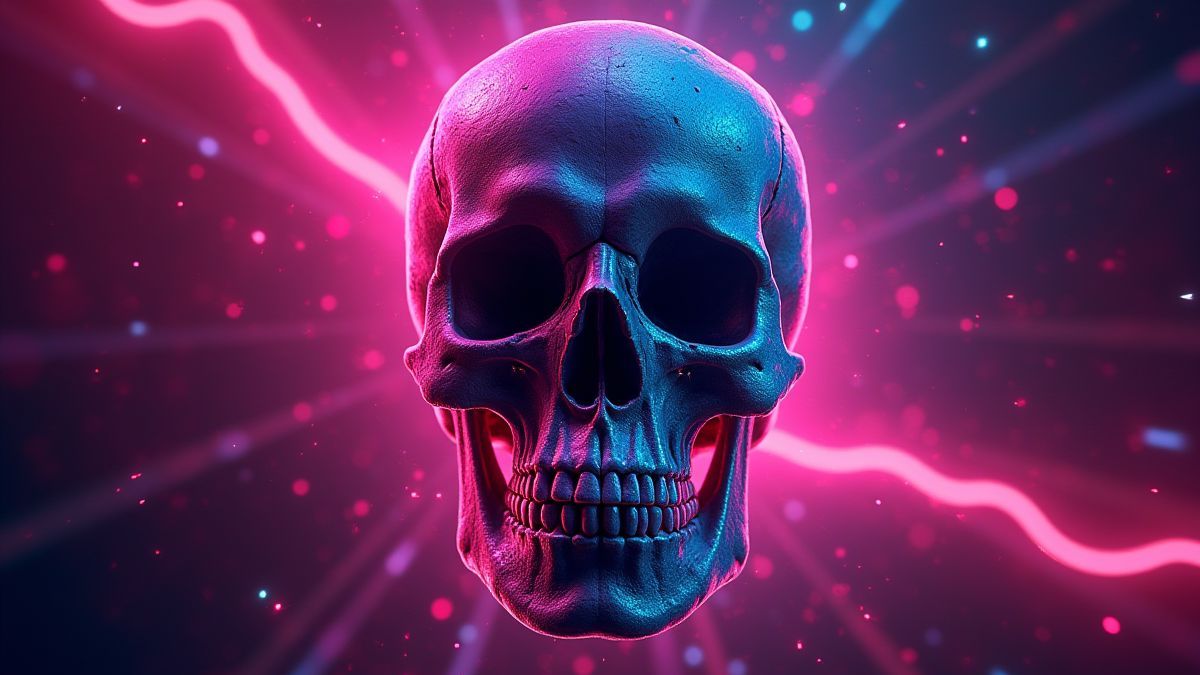 Calavera retro rodeada de efeitos de luz de néon.