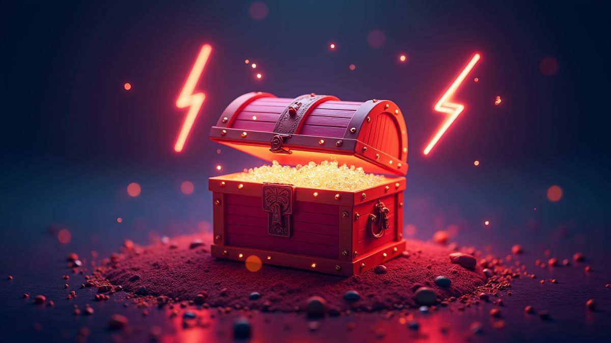 Cofre do tesouro resplandecente rodeado de raios e luzes de néon.