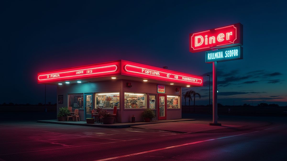 Diner con luces de neón en una parada de camiones.