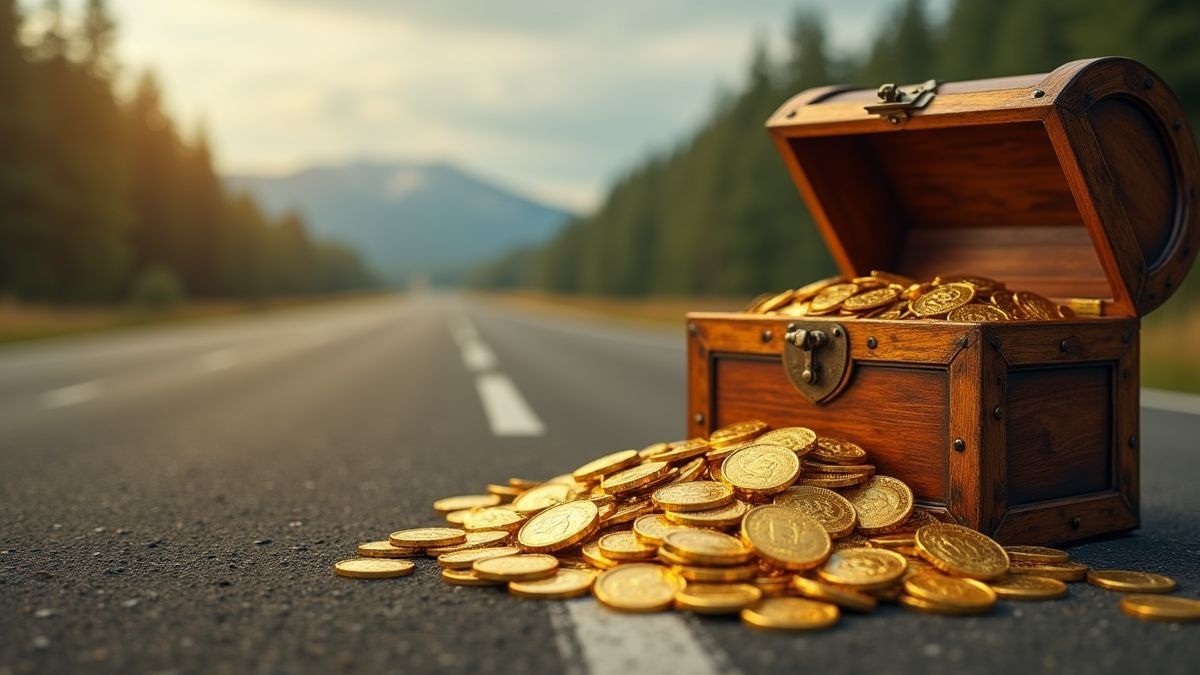 Monedas de oro saliendo de un cofre en una carretera.