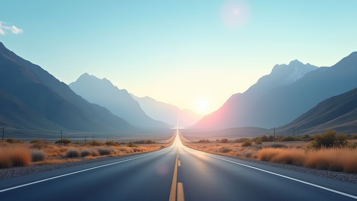 Carretera hacia el horizonte con montañas al fondo.