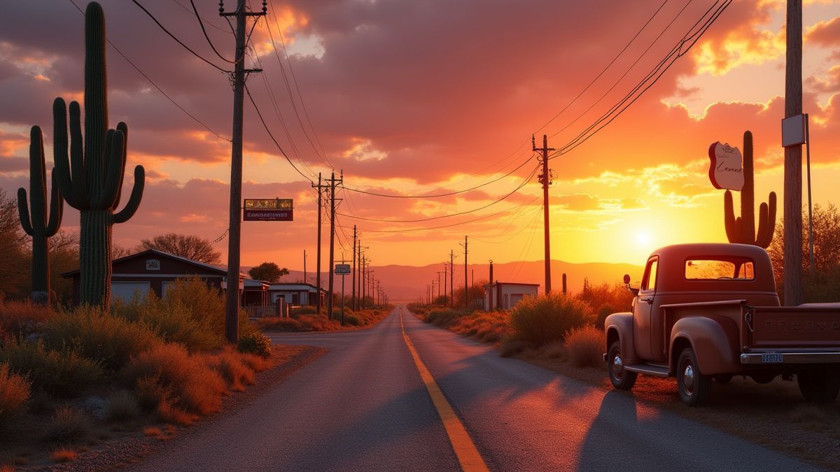 Atardecer en Route 66 con cactus y un camíon retro.