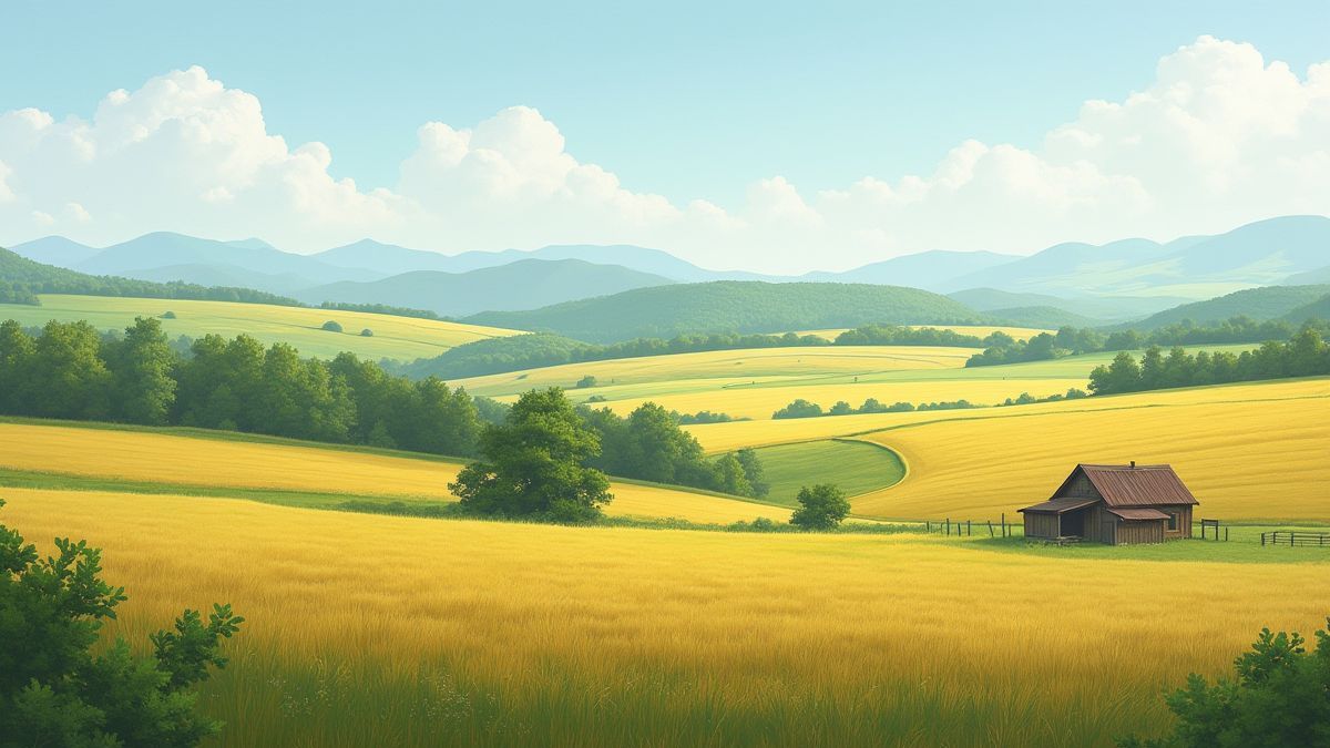 Rural landscape with fields and a wooden cabin.