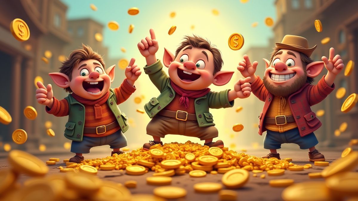 Three hillbillies celebrating with golden coins around them.