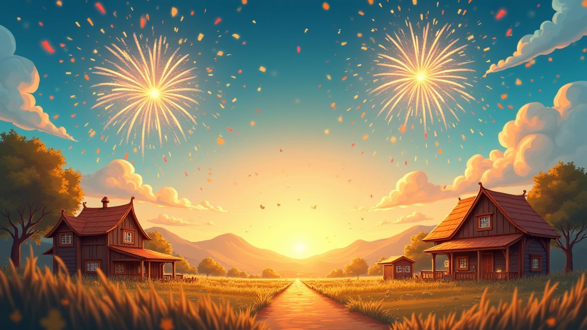 Rural celebration with fireworks and confetti.