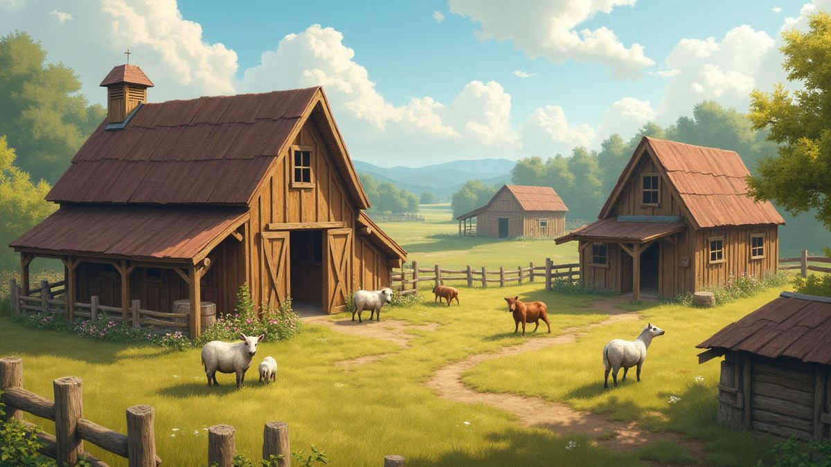 Imagen de un paisaje rural con graneros de madera y animales de granja.