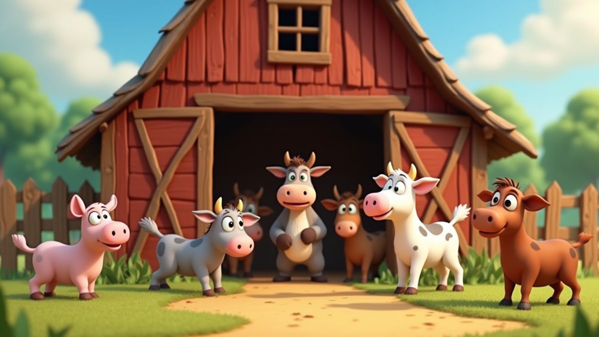 Animales de granja jugando alrededor de un granero de madera en estilo animado Pixar.