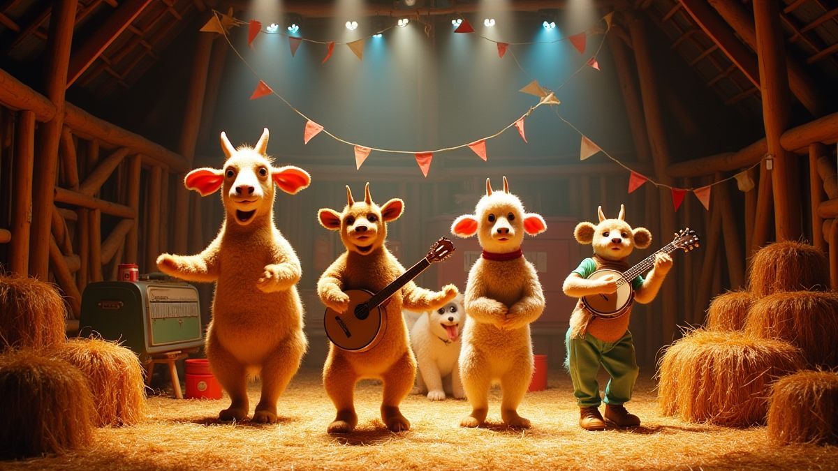 Fiesta animada en un granero con animales bailando y banjos.
