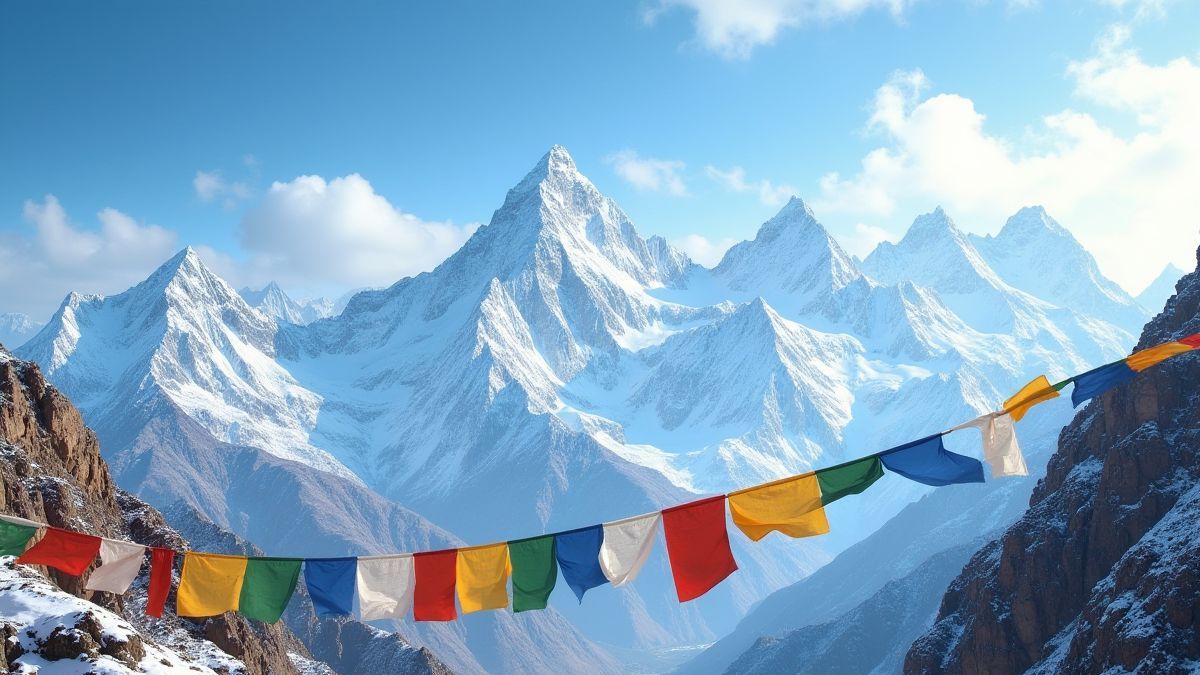 Montagnes couvertes de neige avec des drapeaux de prière dans les Himalayas.