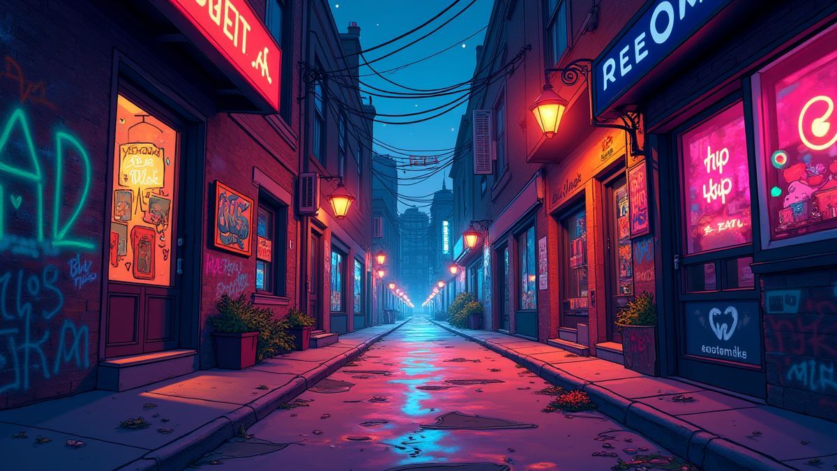 Una calle urbana con grafitis y luces coloridas que reflejan el ambiente hip hop.