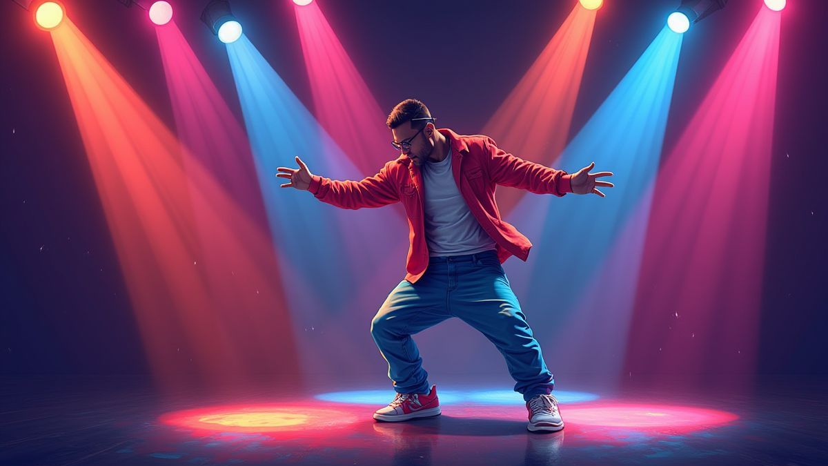 Un bailarín de hip hop funky actuando bajo luces coloridas.
