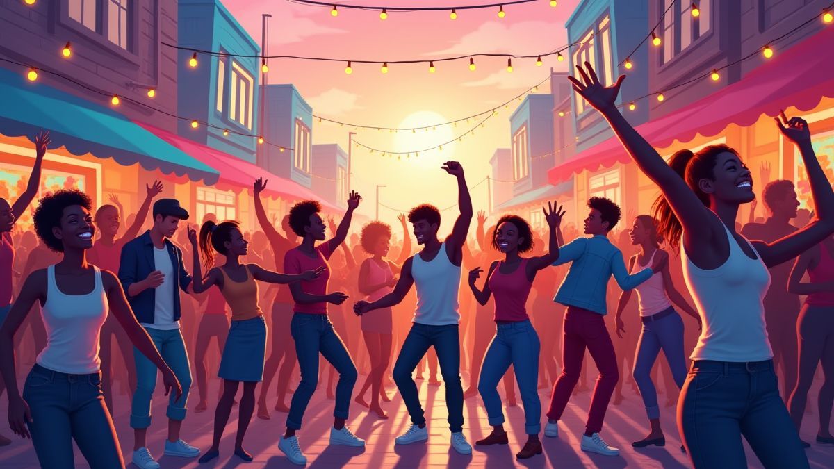 Una fiesta de hip hop alegre en un entorno urbano con personas bailando y disfrutando.