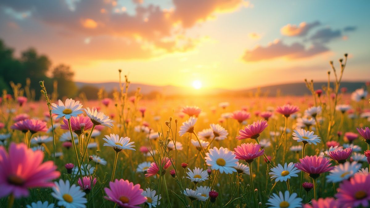 Prado colorido con margaritas y símbolos de paz bajo un atardecer brillante.