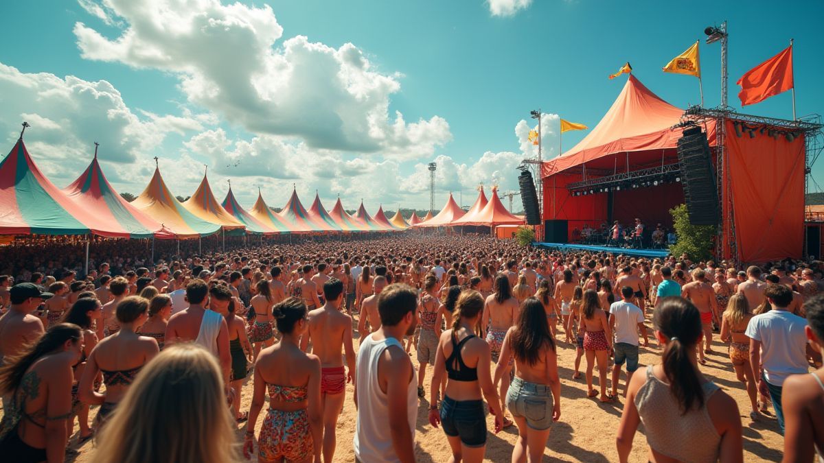 Escena de un festival con carpas coloridas, gente bailando y música en vivo.