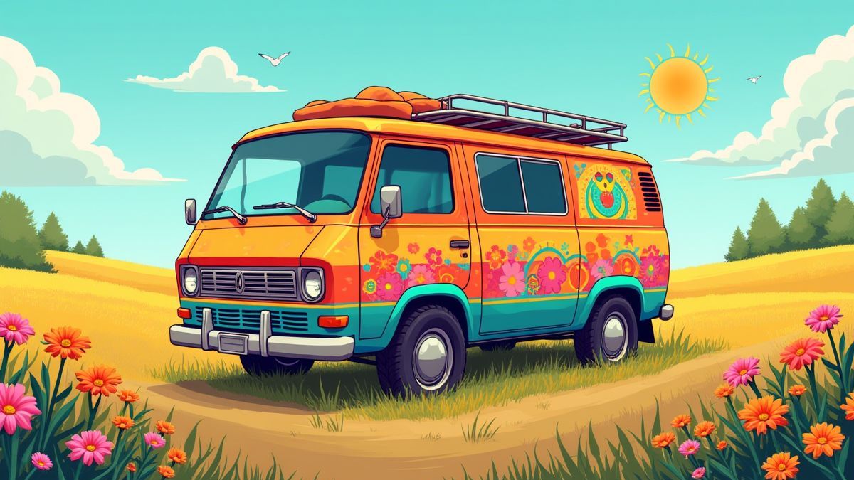 Una furgoneta hippie colorida en un campo lleno de flores y símbolos de paz.