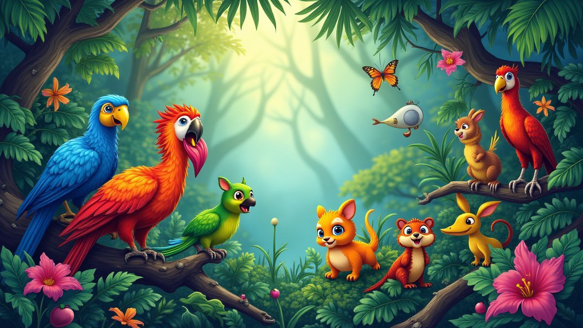 Escena de una jungla vibrante con animales y vegetación exuberante.