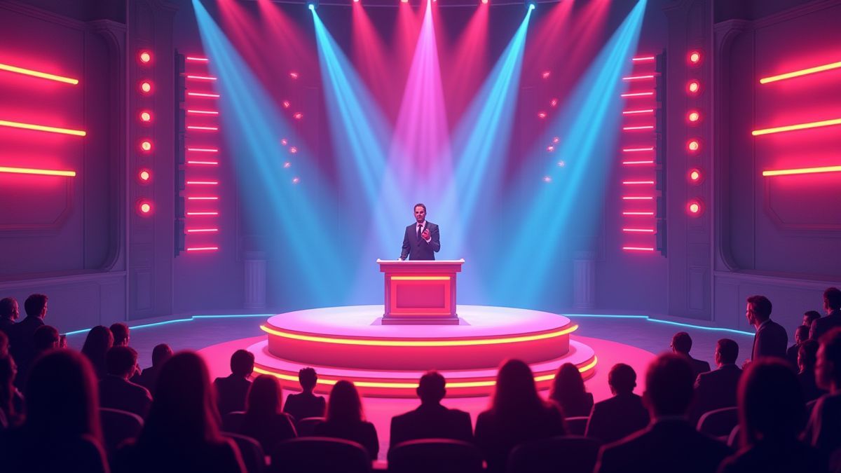Stage of a retro game show illuminated with neon lights and an enthusiastic audience.