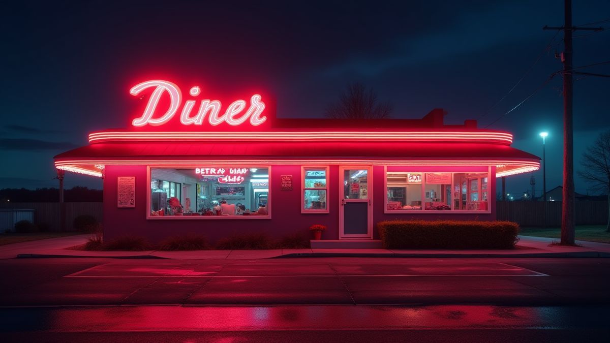 Cartel de neón fuera de un diner retro.