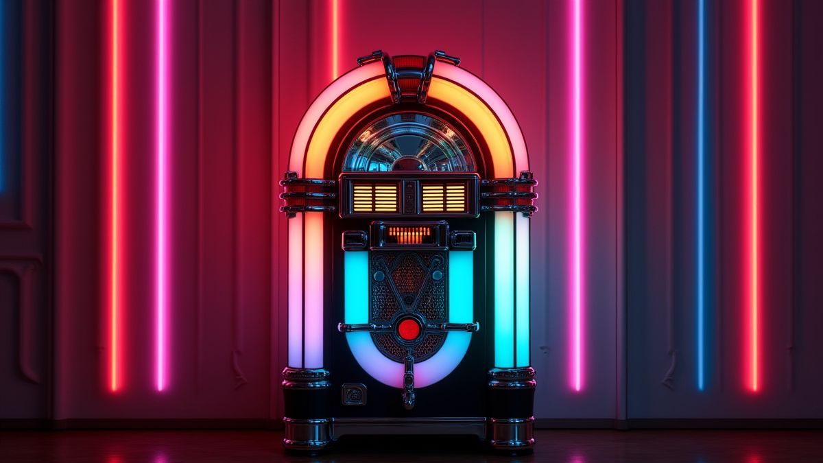 Una jukebox retro rodeada de luces de neón.