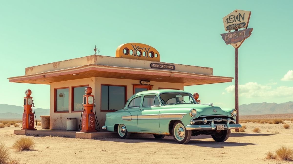 Un coche vintage estacionado en una gasolinera en el desierto.