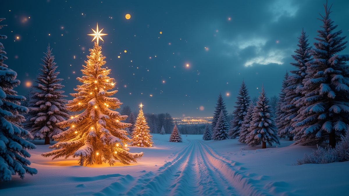 Verschneite Landschaft mit beleuchteten Weihnachtsbäumen und schwebenden Kryptowährungssymbolen.