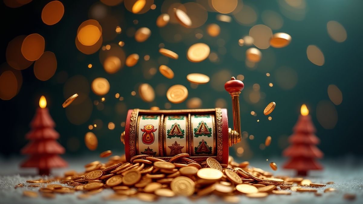 Goldmünzen fallen auf einen weihnachtlichen Spielautomaten.