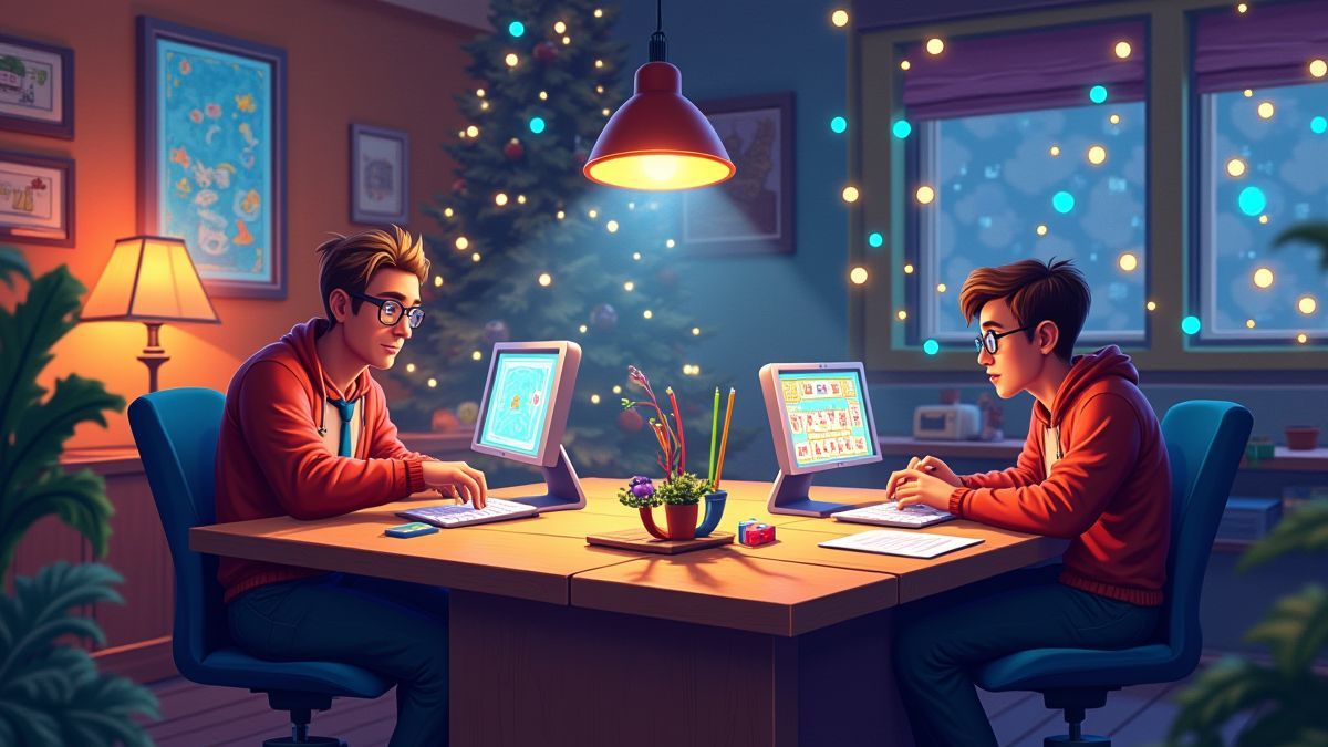 Designer arbeiten an Casinospielen in einem für Weihnachten dekorierten Büro.