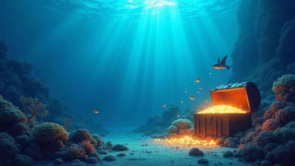 Treasure chests glowing underwater alongside reefs and sea creatures.