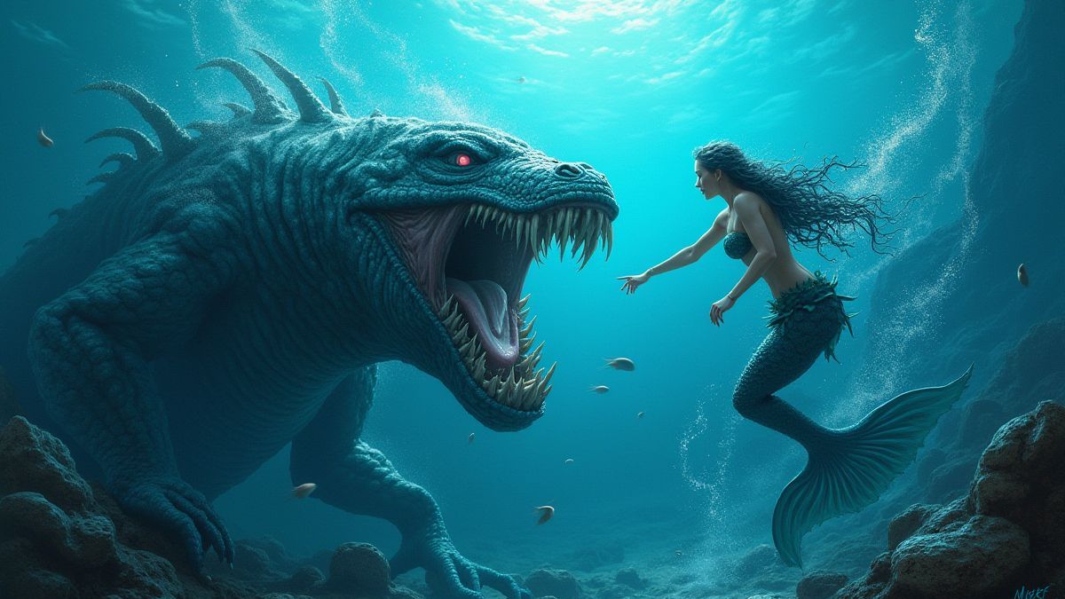 Sea monsters fighting underwater leaving trails of sparkling ink.