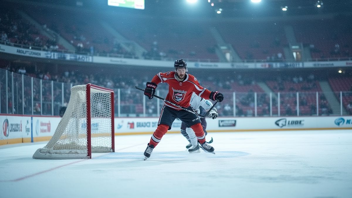 Jugador de hockey marcando un gol en un estadio nevado.