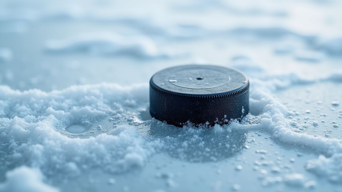 Primer plano de un disco de hockey deslizándose sobre el hielo.