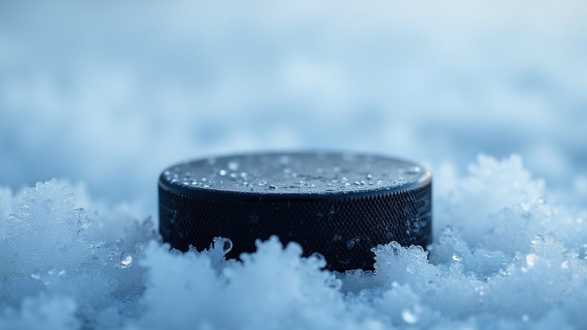 An ice hockey puck on a frozen surface surrounded by ice crystals.