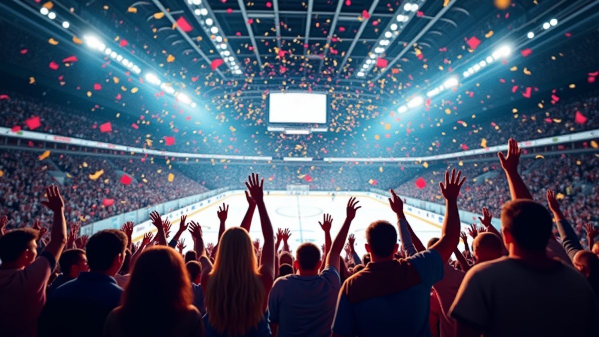 Cheering fans in a hockey stadium with confetti falling from the sky.
