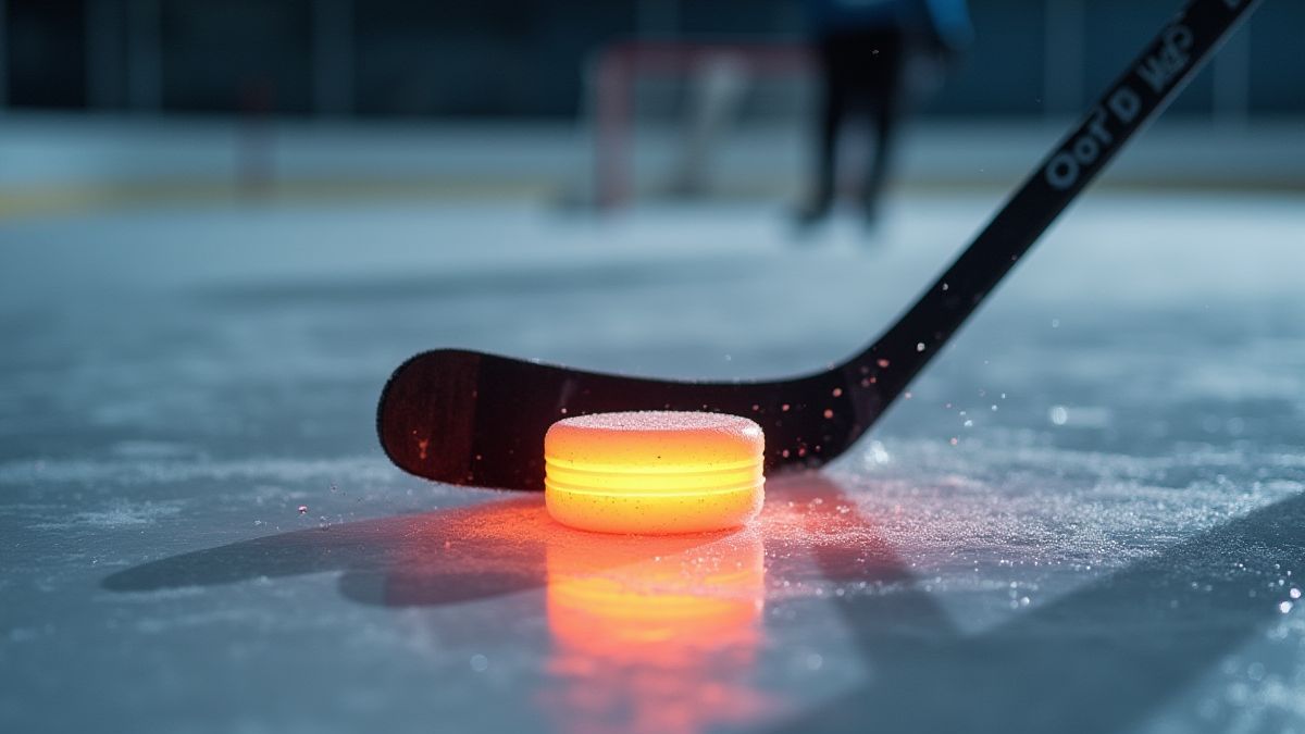 Ein Hockeyschläger, der einen leuchtenden Puck auf dem Eis trifft.