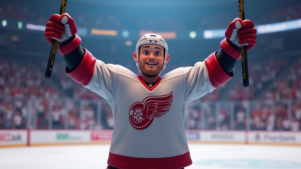 Animierter Hockeyspieler, der mit erhobenen Armen einen Sieg feiert.