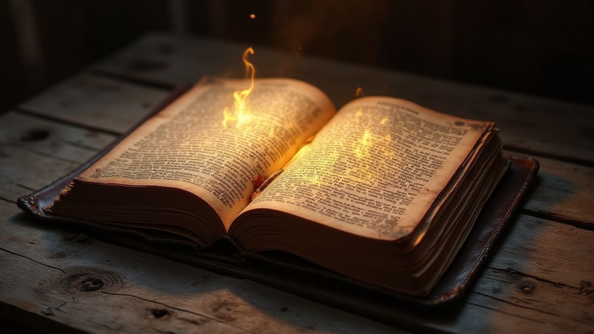 A magical book with glowing pages on an antique table.