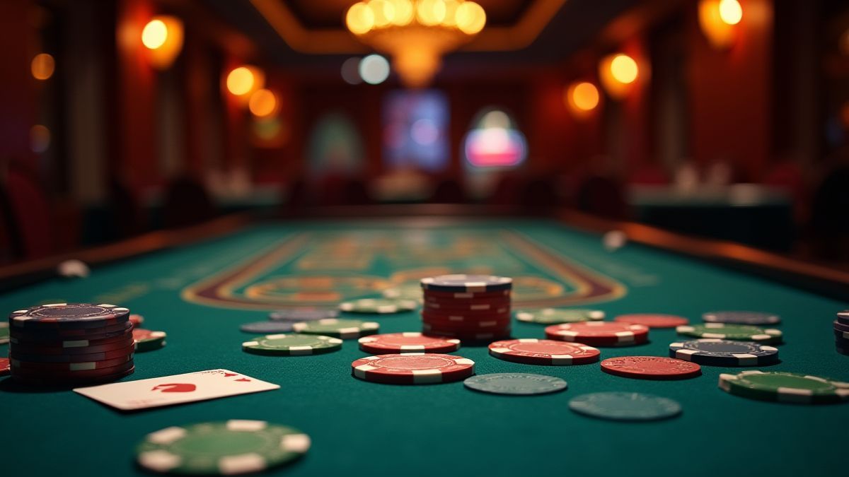 Mesa de poker con fichas y cartas iluminada por luces de casino.