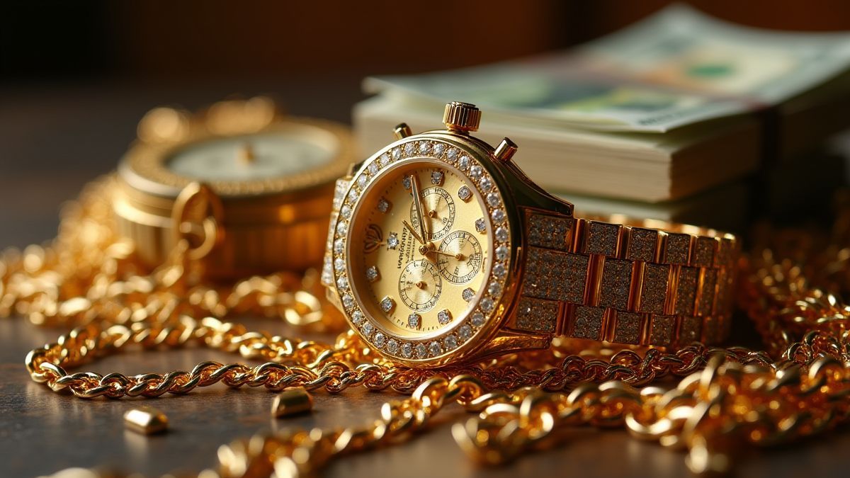 Bijoux et objets de luxe représentés sur une table.