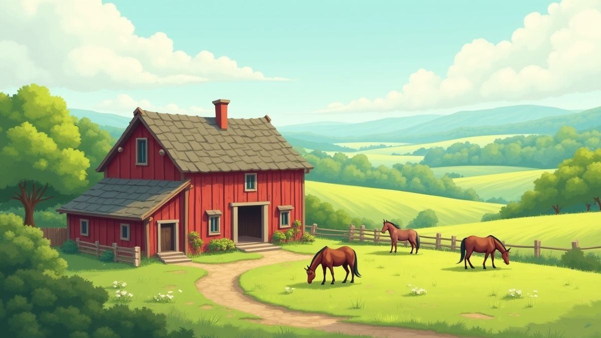 Establo rústico rodeado de campos verdes y caballos pastando.