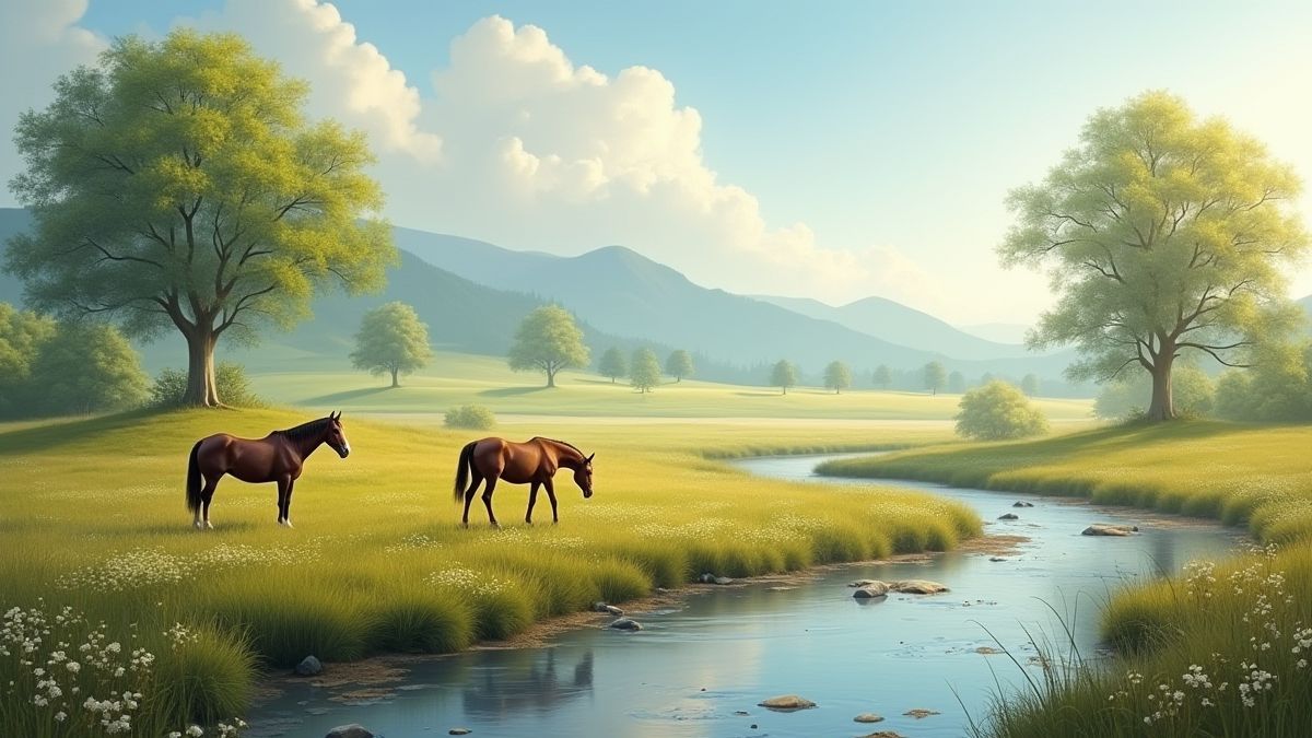 Paisaje tranquilo con caballos pastando y un río fluyendo suavemente.