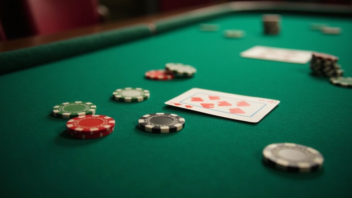 Jetons de poker et cartes sur une table de casino.