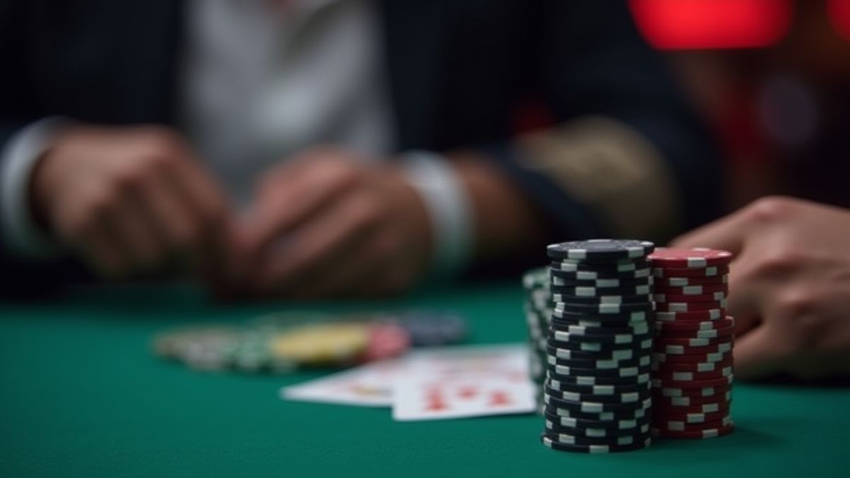 Joueur analysant des mains de poker avec des jetons bien rangés.