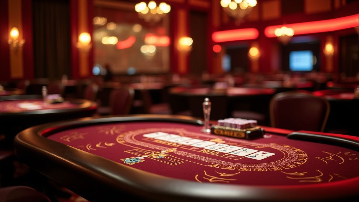 Casino luxueux avec des tables de poker et un éclairage chaleureux.
