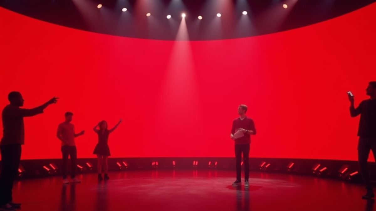 Un plató de concurso con una pared roja y siluetas humanas.