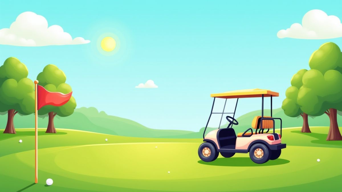Golfwagen nahe einer Fahne auf einem sonnigen Golfplatz.
