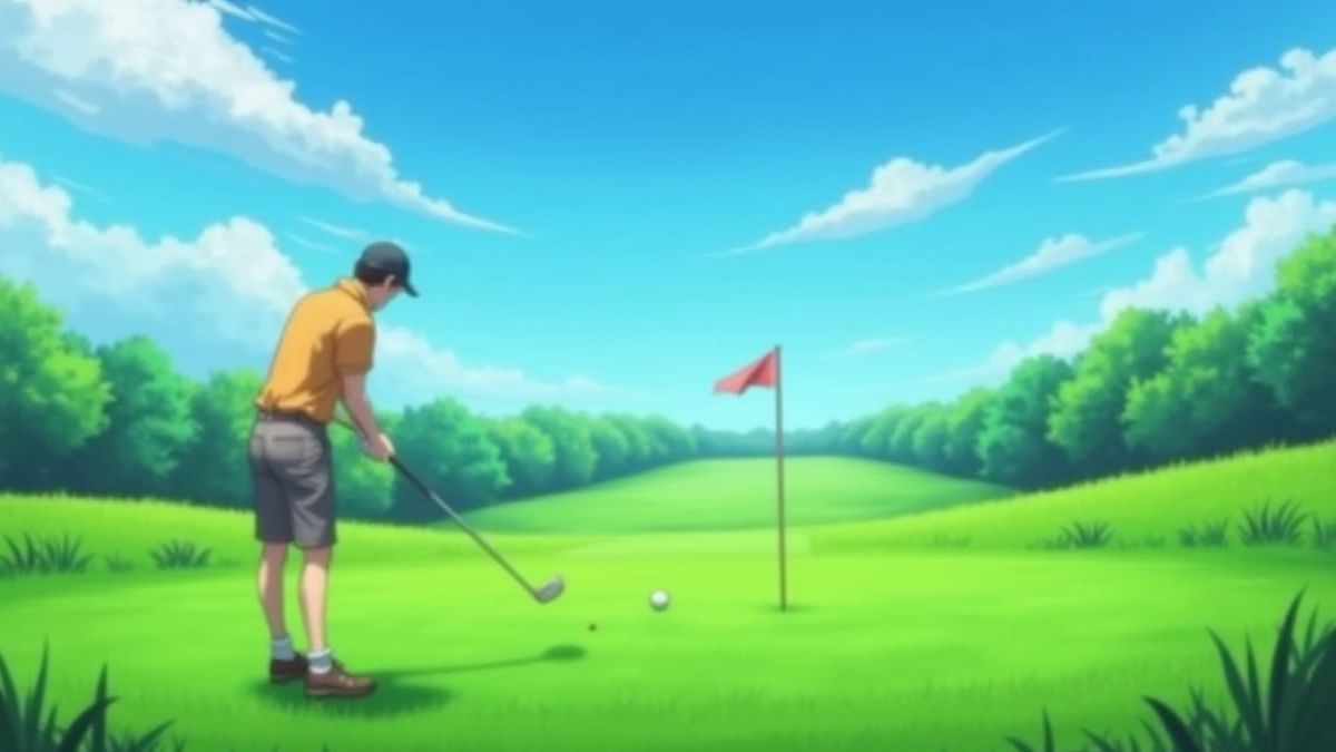 Animierter Golfer, der einen Schlag auf einem grünen Feld ausführt.