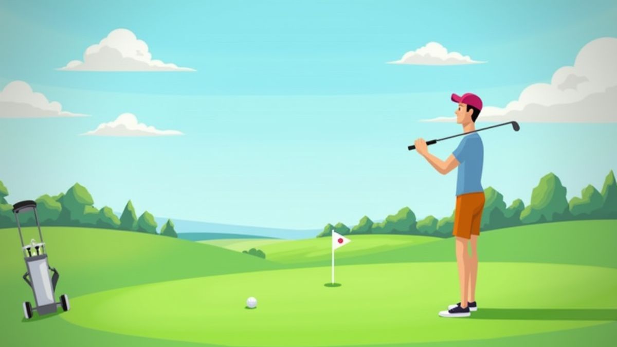 Animierter Golfer, der an einem sonnigen Tag mit Golf-Fahnen im Hintergrund Schläge übt.