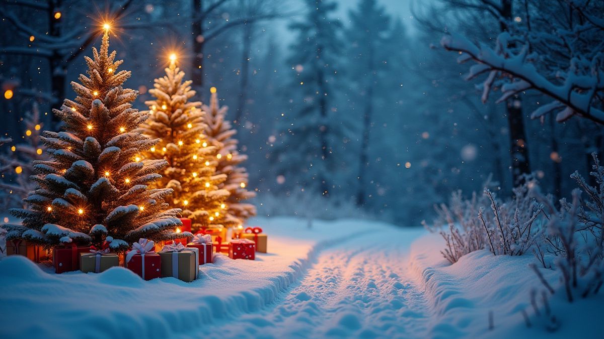 Weihnachtsszene mit beleuchteten Bäumen und verstreuten Geschenken.