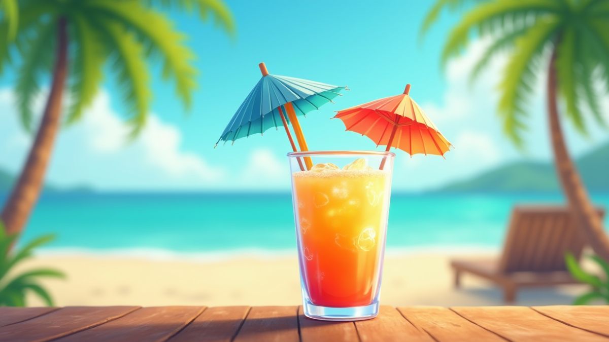 Animated tropical cocktail with colorful umbrellas.